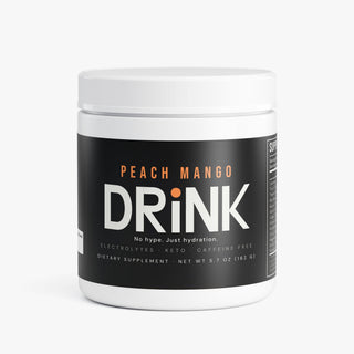 DRiNK Peach Mango hydration drink mix tub with scoop — electrolytes and B-vitamins, keto-friendly