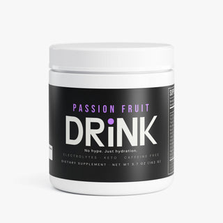 DRiNK Passion Fruit hydration drink mix tub — electrolytes and B-vitamins, caffeine-free, keto-friendly